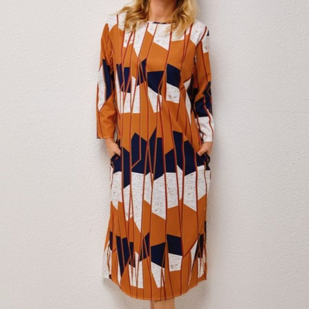 Double Side Pockets Geometric Print Round Neck Dress Large New
